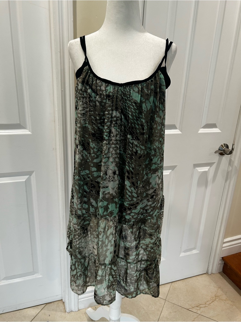Green Patterned Mini Dress with Ruffle Hem - Picture 2 of 5